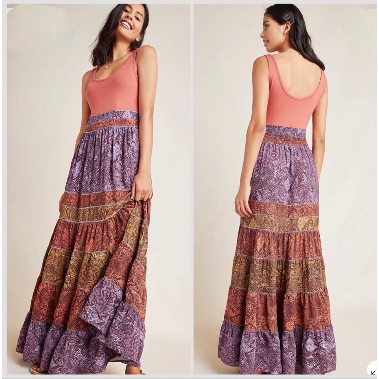 Anthropologie X Colima Tiered, Pleated, Snake Print Maxi Tank Dress (Xl)